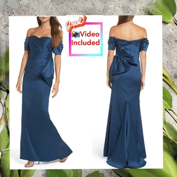 Blue Dress Satin Gown XS BADGLEY MISCHKA 2 Off Shoulder Ruched Formal NWT $895‎ - Picture 1 of 13